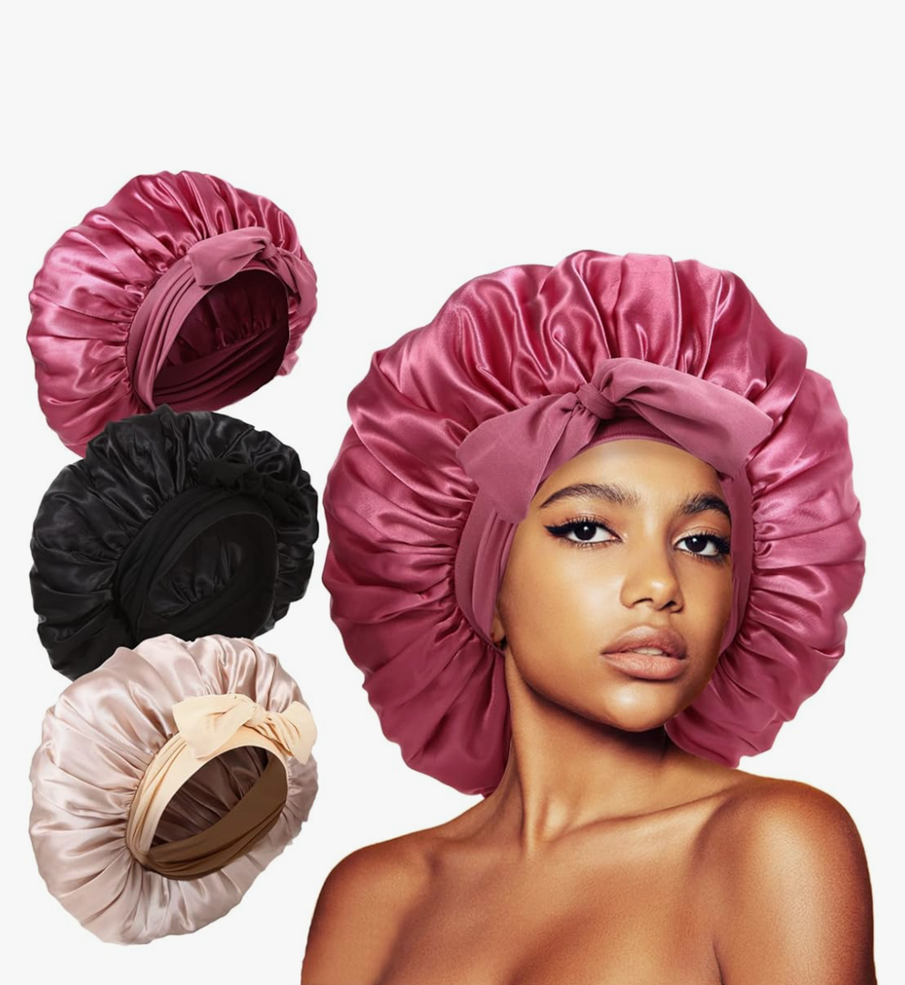 3Pcs Bonnets for Sleeping, Extra Satin Silk Bonnet for Sleeping Women with Tie Band for Curly Hair Jumbo Bonnet Braids