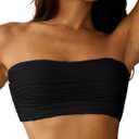 ZAFUL Women Textured Bandeau Bikini Top Lace up Strapless Swimsuit Solid Color High Cut Bathing Suits Top Only (Large, 0-black)
