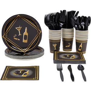 BLUE PANDA 144 Piece 1920s Party Decorations - Murder Mystery Party Theme Paper Plates, Cups, Napkins and Cutlery (Serves 24)