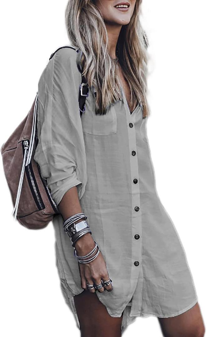 Bsubseach Womens Long Sleeve Linen Swimsuit Cover Up Button Down Beach Cover Ups Summer Swim Shirt Dresses (One Size, Grey)