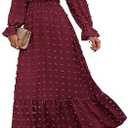 BTFBM Women Fall Maxi Dresses 2025 Long Sleeve V Neck Swiss Dots High Waisted A-Line Ruffle Boho Long Dress Vacation M