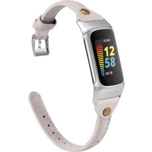 Wearlizer Leather Band Compatible with Fitbit Charge 5/6 Bands - Slim Leather Watch Strap Replacement for Women & Men (Starlight)