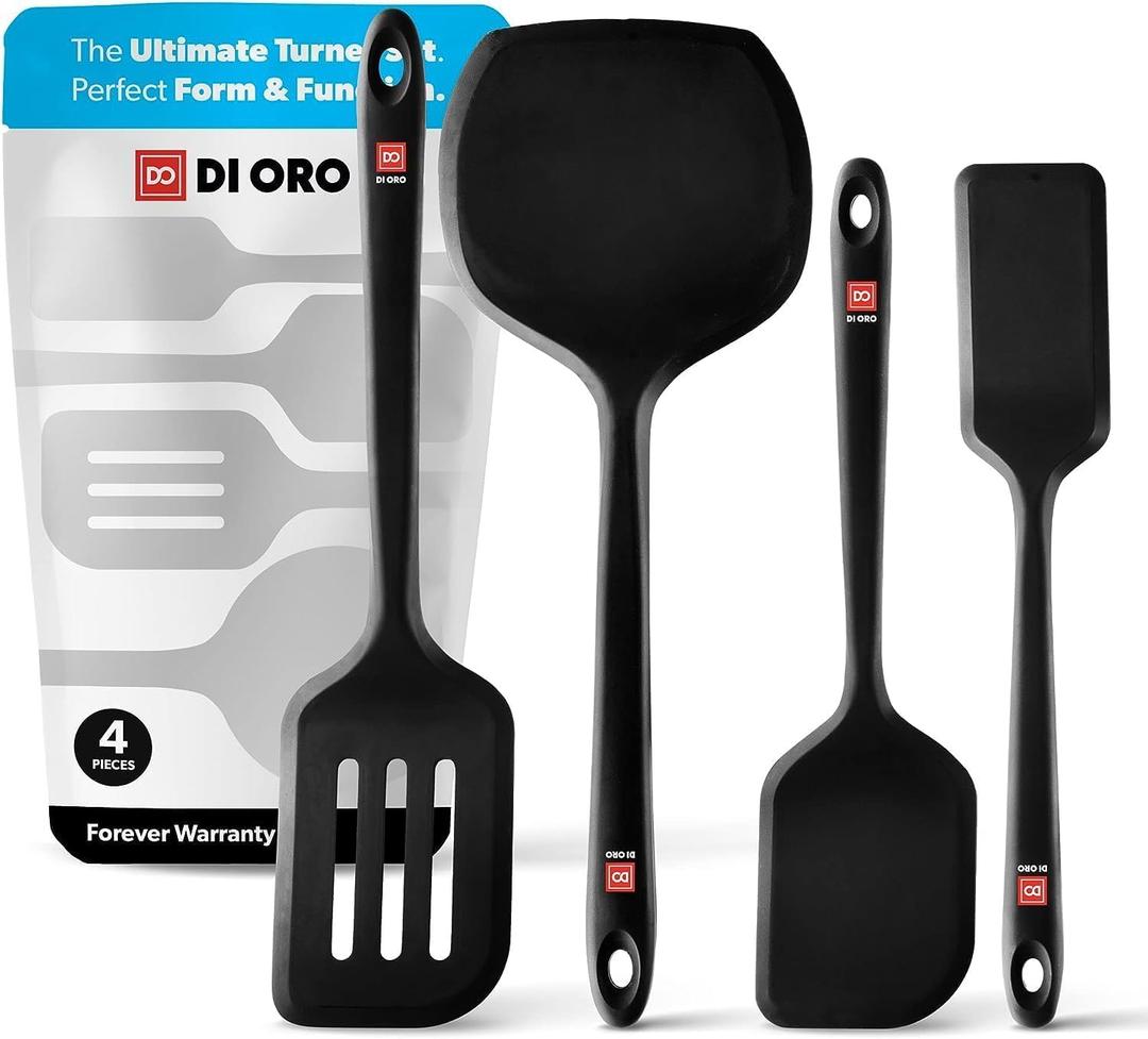 DI ORO Silicone Turner Spatula Set - Kitchen Spatulas for Nonstick Cookware - Cooking Utensils for Flipping Eggs & Pancakes - 600F Heat-Resistant BPA Free Turners - Dishwasher Safe (4pc, Black)