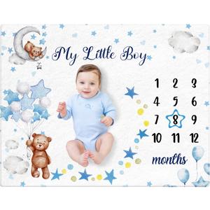 Mindsoft Sleeping Bear Monthly Baby Milestone Blanket Bear Star Balloon Flannel Blanket Boy Newborn Infant Swaddle Growth Baby Frame for Boys Girls Nursery (Blue)