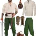 Medieval Costume Men Adult Renaissance Costume Set Viking Pirate Shirt Ankle Banded Pants with Arm Guard Belt Pouch (XX-Large, Green)