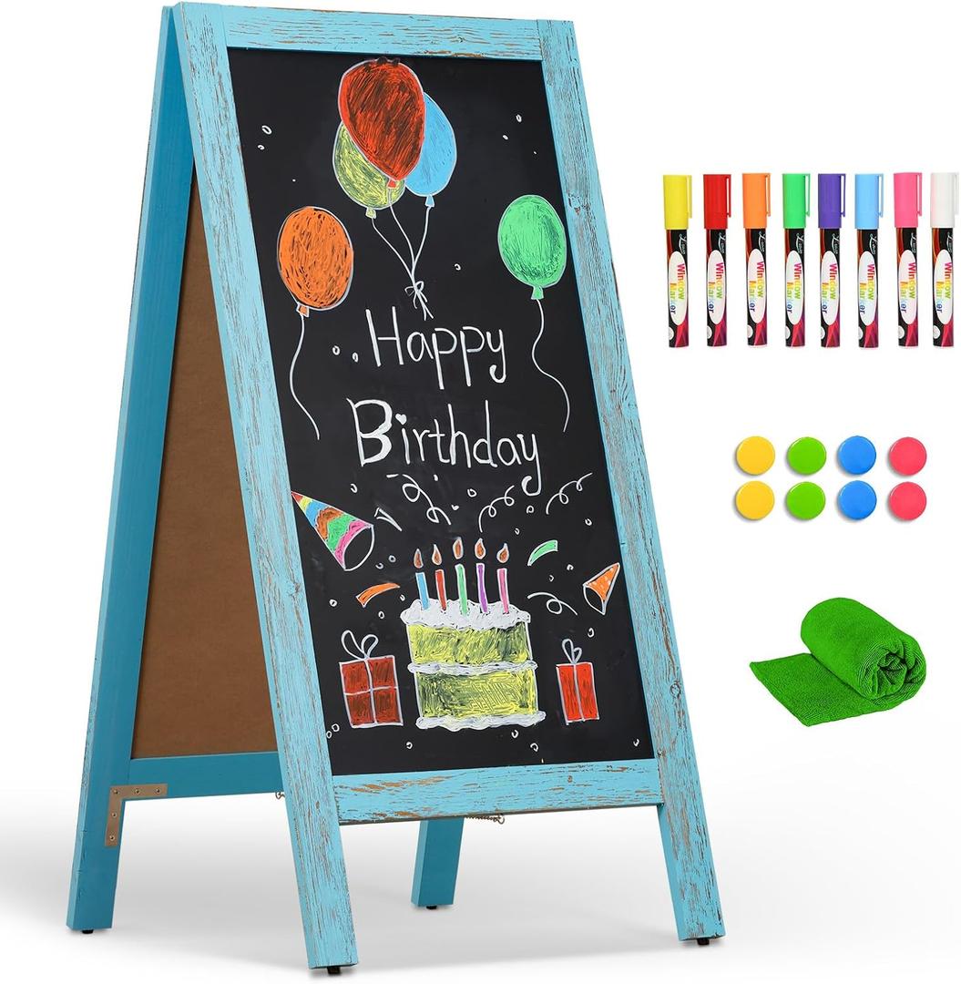 4 THOUGHT A-Frame Chalkboard 40" x 20", Chalk Board Sign Board Magnetic Sandwich Board Pine Wooden Freestanding Double-Sided Chalkboard Easel for Restaurant Cafe Shop Wedding Party, Blue