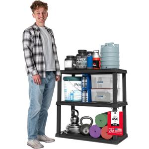 IRIS USA 3-Shelf Heavy Duty Plastic Storage Shelves, 450lb Capacity, 38" H x 36" W x 18" D, Large Modular Shelving Unit Storage Organizer for Garage, Home, Warehouse & Gym, Storage Rack - Black