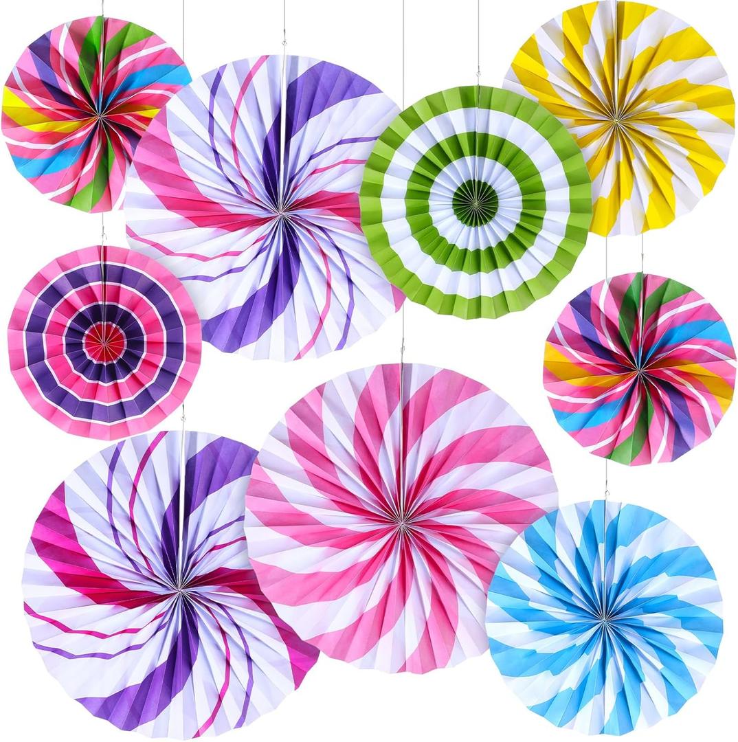 Outus Hanging Paper Fans Decorations Candy Party Classroom Decoration Colorful Peppermint Candy Paper Fan Ceiling Wall Garland for Candyland Themed Birthday Party Supplies (9 Pcs, Classic)