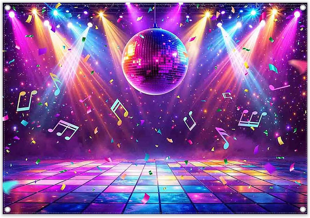 Fabric 7x5ft Disco Stage Photography Backdrop Rainbow Stage Music Retro Colorful Ball Spotlight Rock Notes Background Glow Dance Party Decorations Photo Banner Props