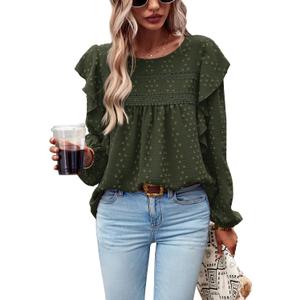 PRETTYGARDEN Women's Long Sleeve Shirts Ruffle Swiss Dot Crochet Loose Fit Tunic Dressy Casual Tops Blouses Spring Fashion (Green, XS)
