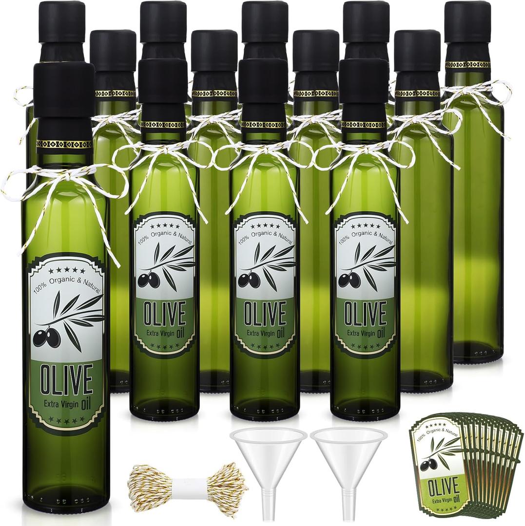 12 Pcs 8 oz Mini Olive Oil Bottles Empty Sauce Condiment Bottles with Dropper Inserts and Sticker Seals Caps for Gifts Kitchen