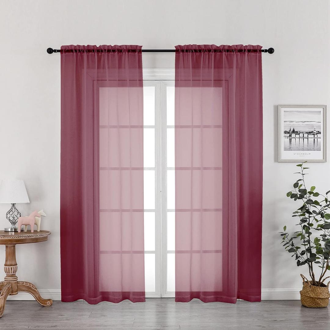 OWENIE Burgundy Red Sheer Curtains 72 Inches Long 2 Panels Set, Transparent Voile Sheer Curtain Rod Pocket Gauze Drapes for Living Room Bedroom Window Sliding Glass Door Treatment, Each 42 x 72 Inch