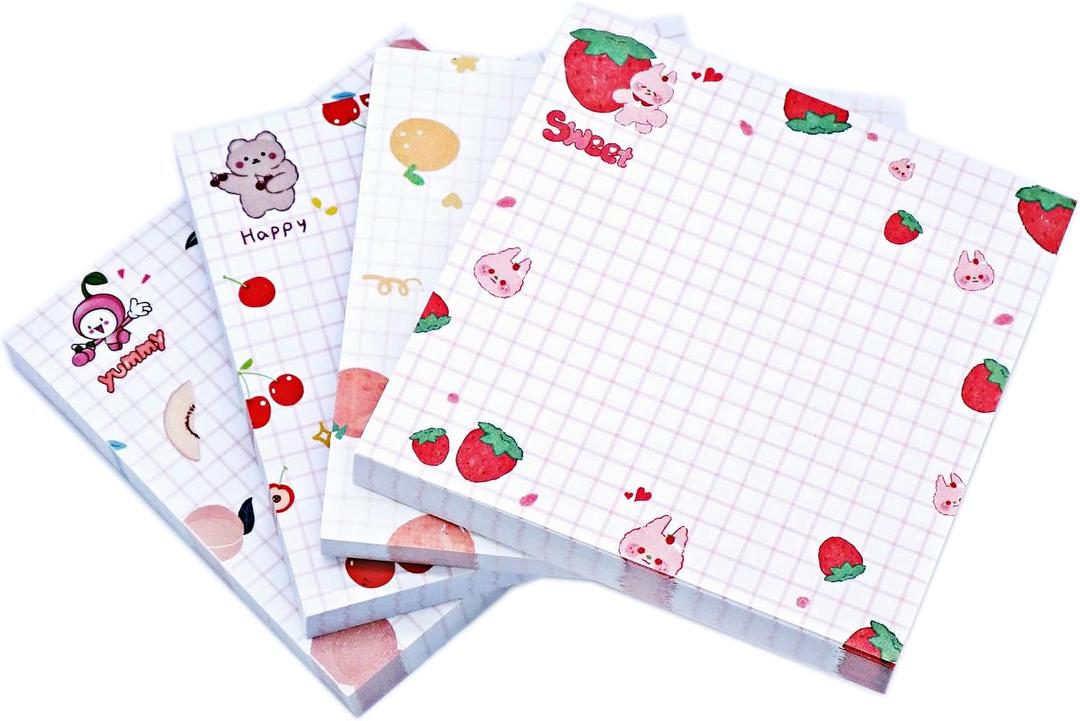 Cute Kawaii Sticky Notes 3.1x3.1in 4Pads 80Sheets/Pad Self-Stick Note Pads Cute Colorful Super Sticky Note Pads 4 Unique Cute Patterns,Fruits Sticky Notes