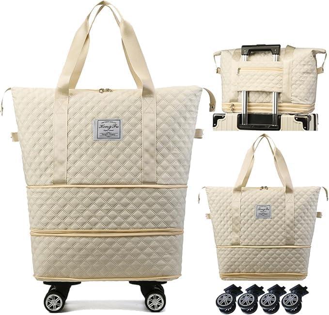 Expandable Foldable Wheeled Travel Duffle Bag - Detachable Rolling Wheels Carry On Gift (White)
