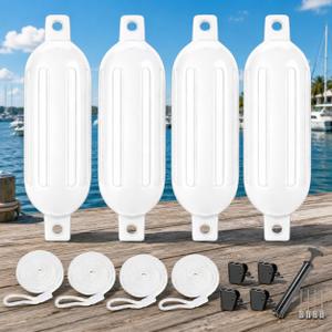 FUCNEN Boat Fenders for Docking, 4 Pack 8.5" x 25" Inflatable Boat Bumpers Fenders with Hand Pump, Fender Ropes, Stainless Steel Fender Hanger Clips, Double-Eye Pontoon Boat Fenders Set(White)