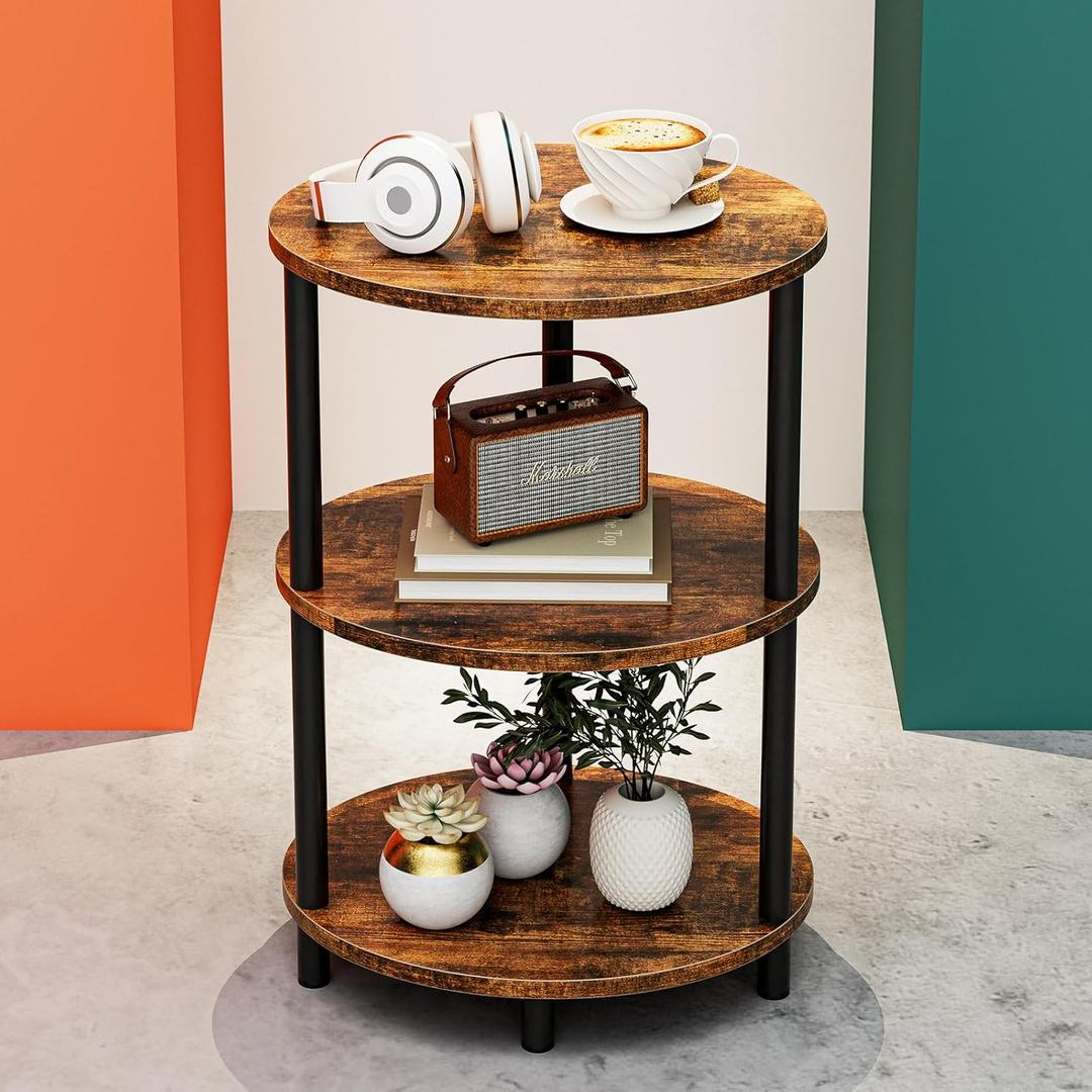 Small Round Side Table - 3-Tier Oval Accent Table for Small Spaces, Rustic Wood and Metal Couch End Table, Nightstand for Bedroom or End Table Living Room, Easy to Assemble, Rustic Brown (1-Pack, Rustic Brown)
