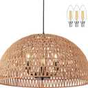 24" Brown Woven Pendant Light Boho Chandelier Dome Rustic Farmhouse Chandelier Wicker Pendant Light Rattan Light Fixture for Dining Room Living Room Bedroom Kitchen Island Foyer(Bulb Incl)