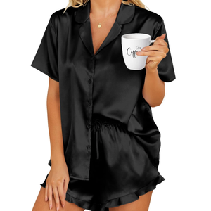HOTOUCH Womens Satin Pajamas Set Button Down 2 Piece Silk Pjs Shorts Set Ruffle Lingerie Notch Collar Sleepwear, Size L
