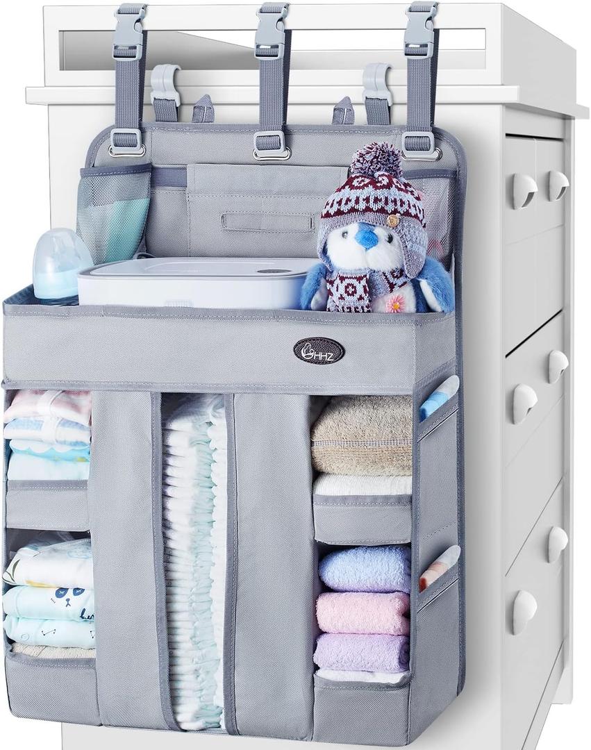 HHZ XL Hanging Diaper Caddy Organizer Sturdy and Durable Baby Organizer Diaper Stacker for Changing Table, Crib, Playard or Wall & Nursery Organization Newborn Baby Essentials Grey