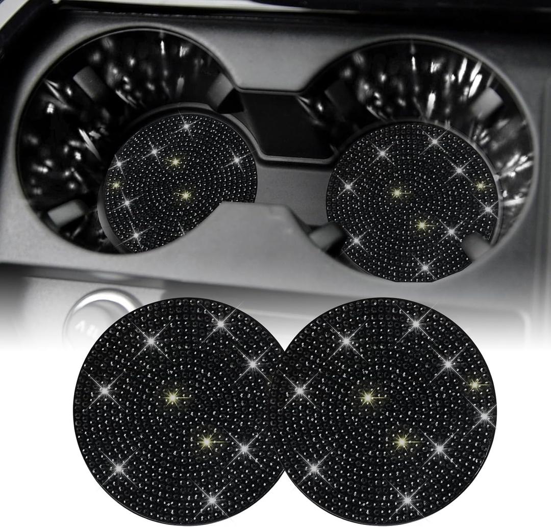 SINGARO Bling Cup Holder Coasters for Car, 2PCS Universal Non-Slip Cup Holder, Embedded Decorative Coasters, Shiny Crystal Car Interior Accessories Gifts for Women (Black)