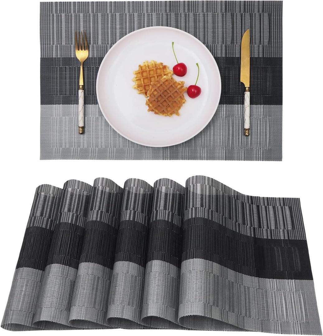Vinjiasin Placemats Set of 6 Grey and Black Gradient Stripes Place Mats for Indoor Outdoor Kitchen Table Mats Vinyl Woven Washable Sturdy Heat Resistant Easy to Clean