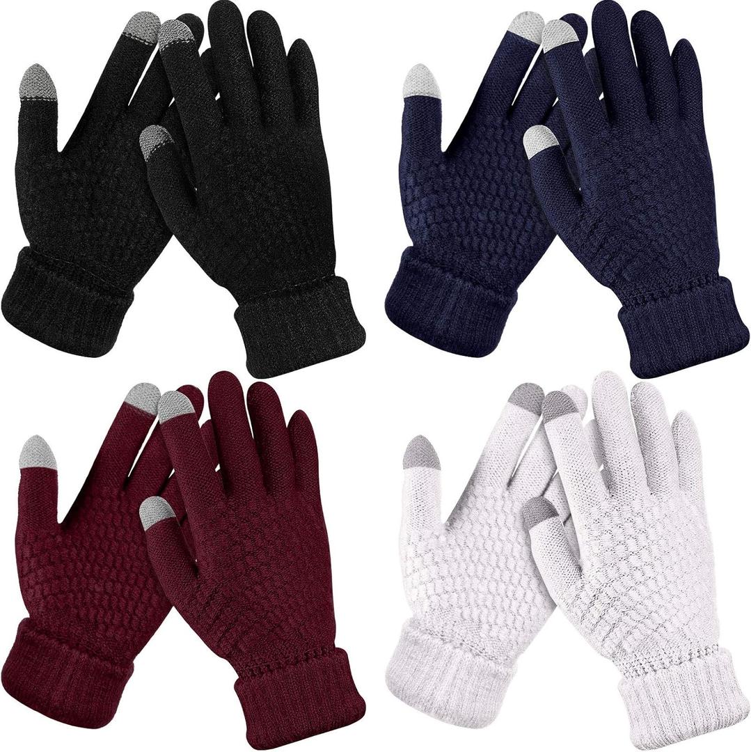 Geyoga 4 Pairs Women's Winter Touch Screen Gloves Soft Warm Fleece Lined Knit Elastic Cuff Texting Gloves (Black, Wine Red, White, Navy Blue)