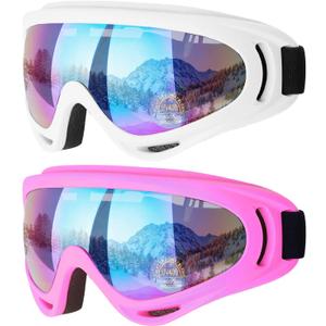 COOLOO Ski Goggles, 2 Pack Snow Goggles Snowboard Goggles for Men Women Kids - UV Protection Foam Anti-Scratch Dustproof (One Size, 03.white/Pink)