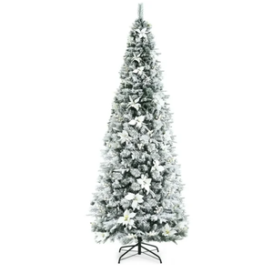 8ft Snow Flocked Christmas Pencil Tree w/ Berries & Poinsettia Flowers