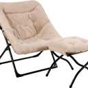 Comfy Saucer Chair for Adults, Soft Faux Fur Bedroom Chair with Ottoman, Accent Dorm Chairs, Living Room Reading Chairs and Footstool, Folding Lounge Seat for Teens, X-Large, Light Khaki