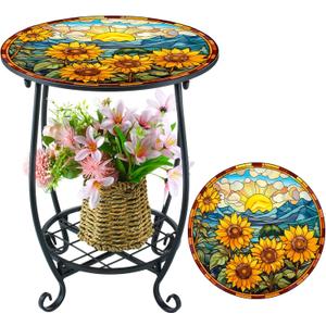 Outdoor Side Table Round Small Mosaic Patio Accent Indoor End Plant Metal Coffee Tea Table for Yard Porch Garden Patio Living Room, Bedroom(Sunflower Style,14 Inch)