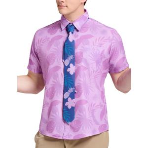 Nick Cosplay Costume, Hawaiian Pink Floral Fox Shirt with Tie for Adult Men, Halloween Animal Animated Film Character Suit (Purple)