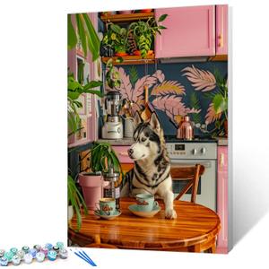 Aihonmin Husky Sit Near Table Paint by Numbers Kits Children,Botanical Paint by Numbers Bohemia Painting Art Craft Painting Colorful Canvas for Home Decor Without Framed 16''W x 20''H