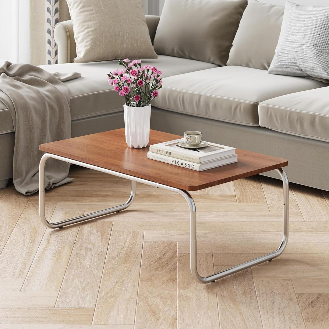 Mid-Century Modern Coffee Table, Rectangular Wood Coffee Table with U-Shaped Stainless Steel Legs, Minimalist Accent Table for Living Room, Bedroom, Office, Easy Assembly, Walnut 32"