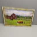 Farmhouse Bedroom Wood Wall Art: Red Barn with Cow Cattle Rustic Framed Artwork Nature Rural Landscape Picture Quiet Countryside Forest Painting Gallery Farm Print for Living Room
