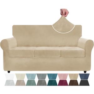 ZNSAYOTX Luxury Velvet Couch Cover 4 Piece (72"-92") Stretch Sofa Covers for 3 Cushion Couch Thick Soft Sofa Slipcover with Non Slip Strap, Dog Pet Friendly Nice Furniture Protector (Camel)