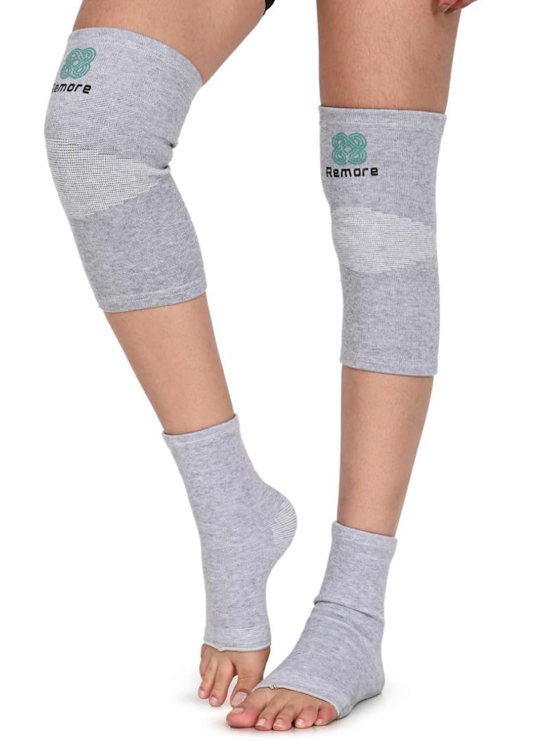 Bamboo Knee Compression Sleeve & Bamboo Compression Ankle Support Combo for Men and Women Knee Pain, Gym, Running, Basketball, Meniscus Tear, Sports, Joint Pain Relief, Injury Recovery (X-Large) (Knee Thigh 18-20inch)