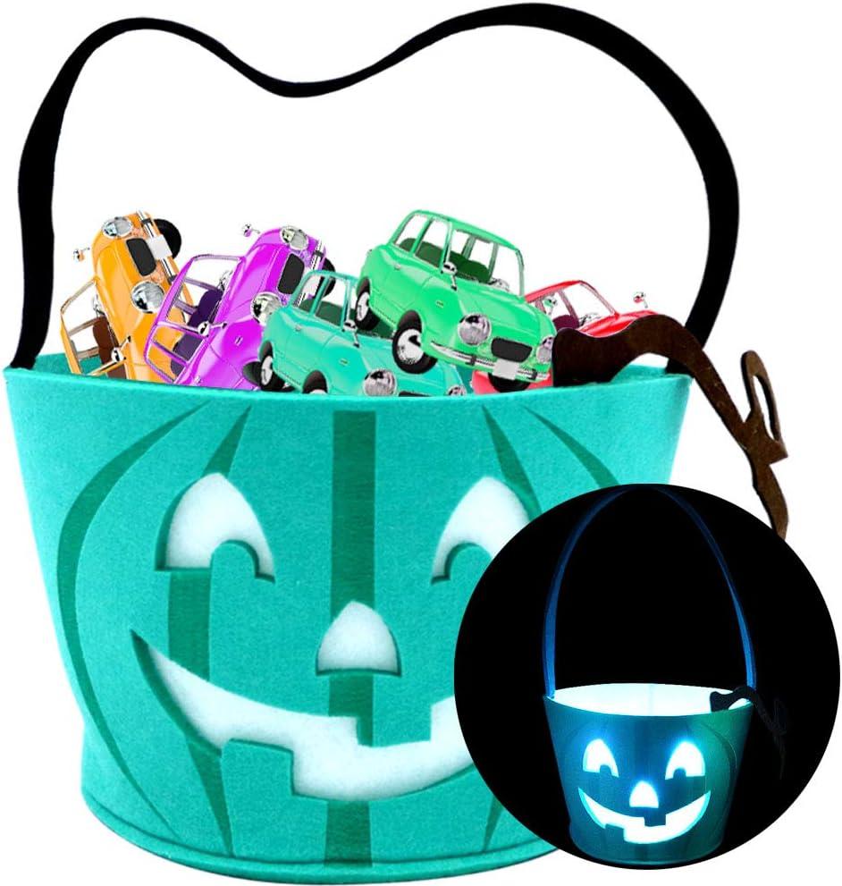Light Up Teal Pumpkin Halloween Felt Trick or Treat Bucket, with Blue LED lights, Halloween Party Favors, Halloween Snacks, Goodie Bags for Kids, Novlety Gifts