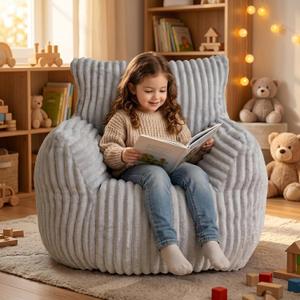 Bean Bag Chair — Plush Faux Fur Memory Foam, Ultra Soft Floor Lounger for Bedroom, Dorm, Playroom & Small Spaces (Small Stripe Grey)