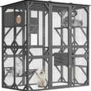 70 in Walk-in Catio with Window Access, Extra Large Outdoor Cat Enclosure for Multiple Cats, Waterproof Roof Cattery with Bridge and Scratching Post Outside Cat Patio Playpen Grey