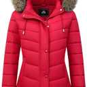 Women's Long Winter Puffer Coat Warm Thicken Fleece Lined Down Jacket Waterproof Detachable Hooded Parka (Red)