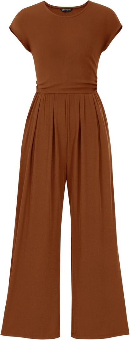 PRETTYGARDEN Summer Jumpsuits for Women Dressy Casual | Soft Ribbed Fabric, Crewneck Cap Sleeve, Back Zipper, Pockets, Wide Leg Pants Rompers, One Piece Outfits, Work Office Clothes (S)