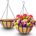 2 Pack 12 Inch Hanging Baskets for Plants Outdoor Metal Hanging Planters Round Hanging Flower Pots with Coco Coir Liner Plant Holder for Outdoor Patio Garden Balcony Decor - Flat Iron