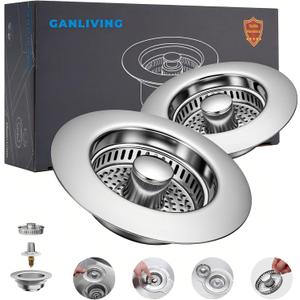 1Count 3-in-1 Kitchen Sink Drain Strainer & Stopper - SUS 304 Stainless Steel Pop Up Plug with Anti-Clog Basket & Odor Prevention, Fits US Standard 3-1/2'' Drain Hole