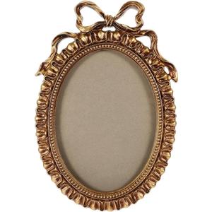 LOGOFUN Vintage Picture Frame Antique Carving Pattern Photo Frame with Bows Oval Photo Display Frame for Home Office Desktop Decor  Gold 10.22X7.07IN