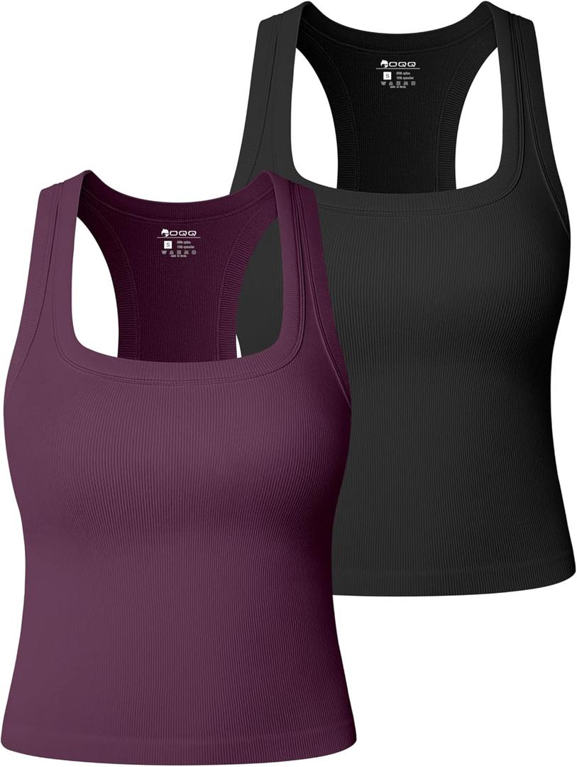 OQQ Women's Tank Top 2-Piece Ribbed Samless Square Neck Sleeveless Tops Stretchy Casual Going Out Shirts (Large, Black,Deep Purple)