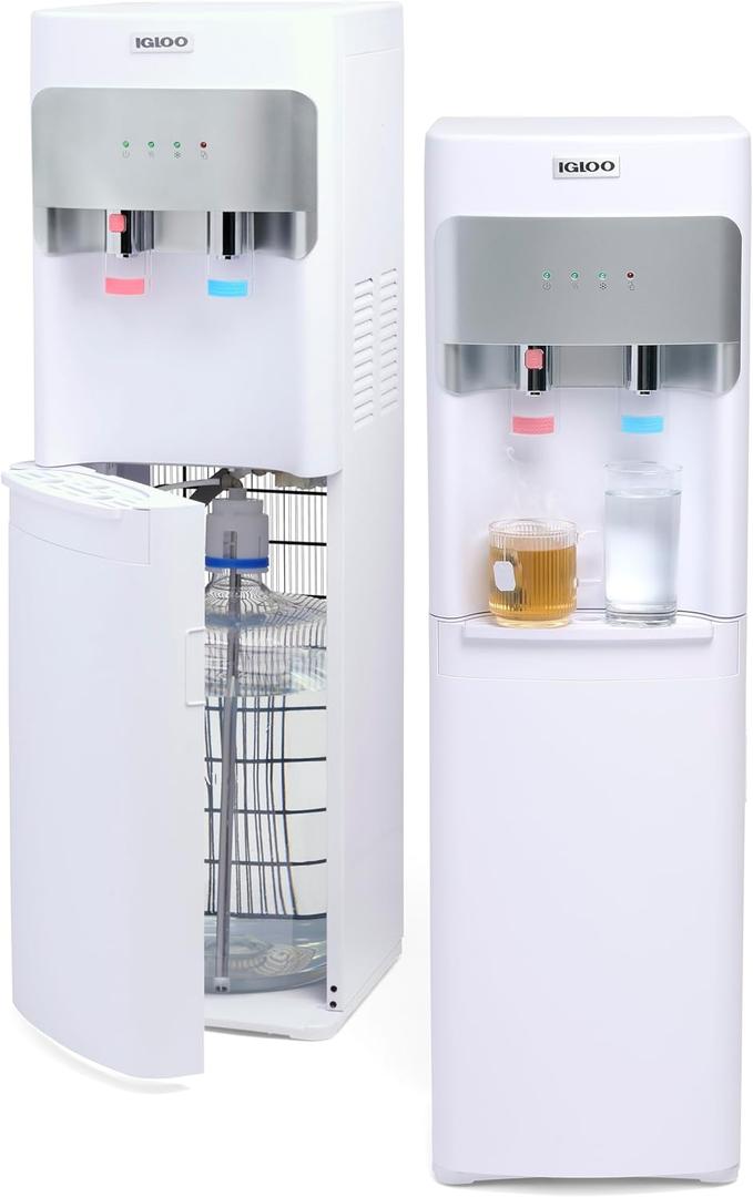 Igloo Hot and Cold Water Cooler Dispenser - Holds 3 & 5 Gallon Bottles, 2 Temperature Spouts with Dispensing Paddles, No Lift Bottom Loading, Child Safety Lock - White