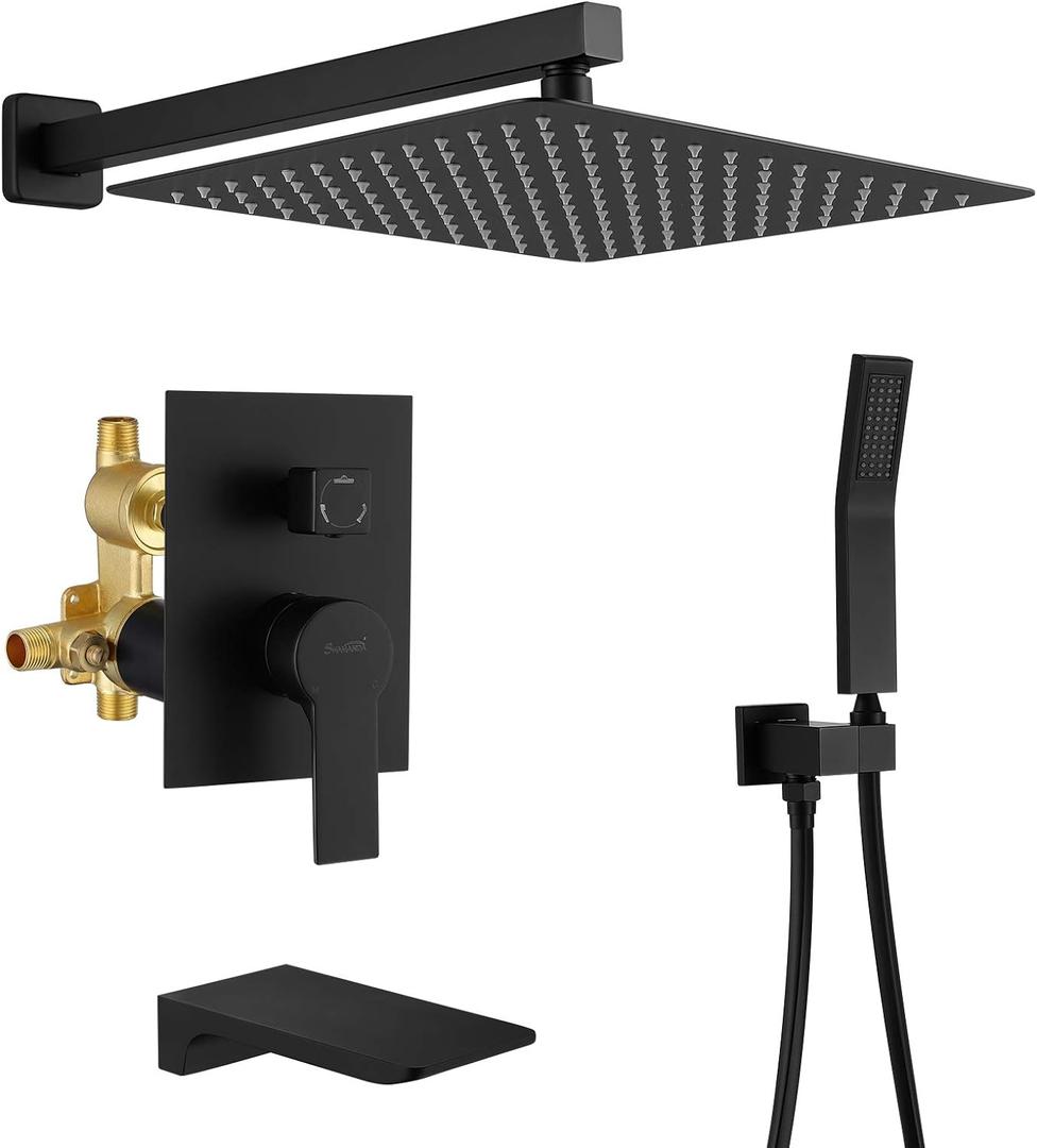 SHAMANDA Shower System with Waterfall Tub Spout and Handheld Shower Head, 12" Rain Shower Faucet Sets Complete with Shower Round-in Valve and Trim, Wall Mounted, Matte Black, L1001-7