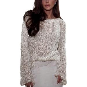 SOLY HUX Women's Hollow Out Sequin Sparkly Sweater Sheer Long Sleeve Shiny Pullover Coverup Tops Party Outfits (Medium, Plain White)