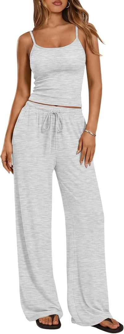Trendy Queen Women's 2 Piece Lounge Sets Summer Outfits Matching Airport Camisole Tops Wide Leg Pants Fall Tracksuits 2026 Oatmeal Grey XS