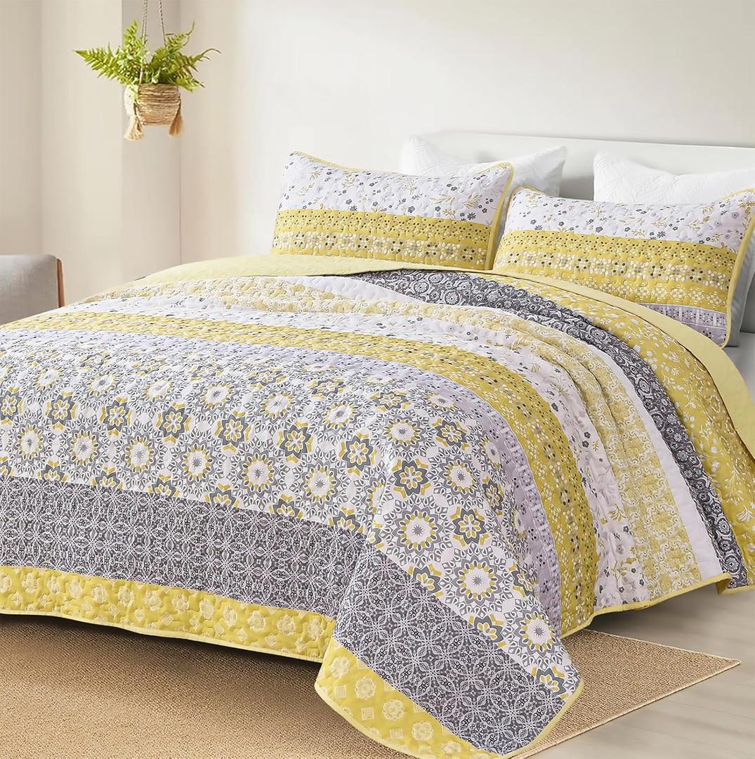 WONGS BEDDING Boho Quilt Set King, Yellow Bohemian Striped Patchwork Bedspread Coverlet Set with 2 Pillowcases,Lightweight Microfiber Floral Bedding Set 104"90"